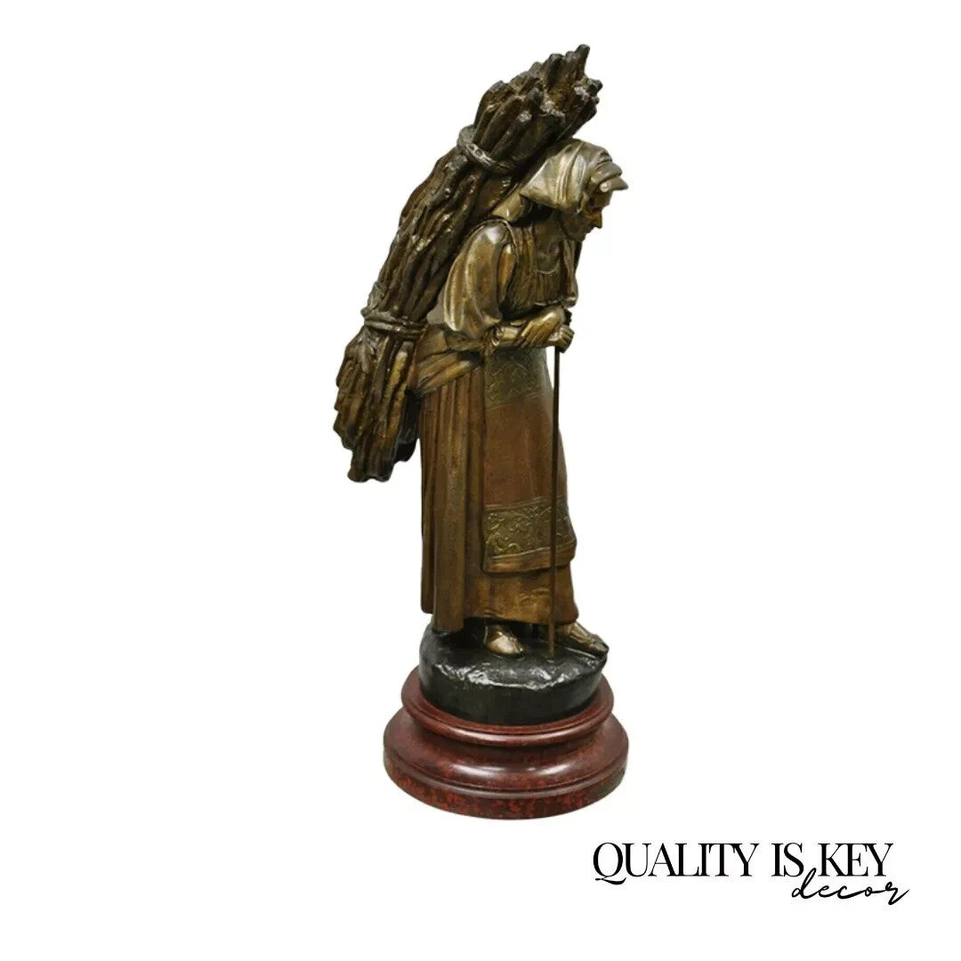 Antique Hiver French Spelter Sculpture Statue of Woman Carrying Bundle of Sticks