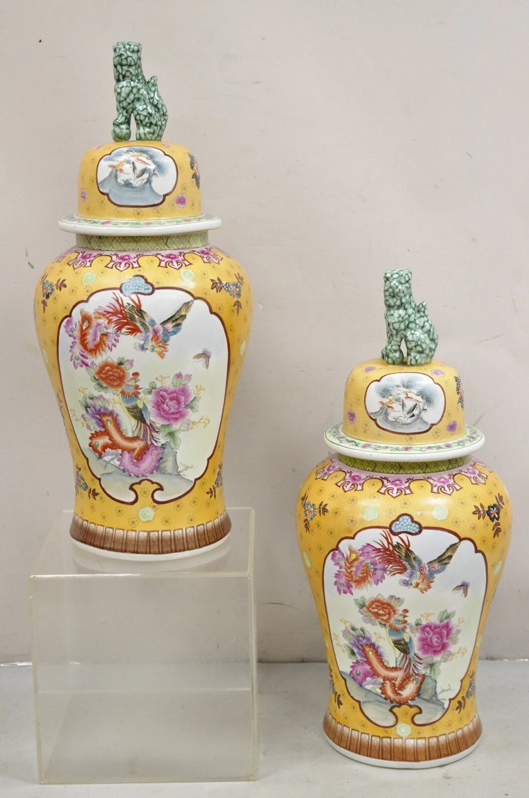 Vintage Chinese Porcelain Large Foo Dog Covered Temple Urns Ginger Jars - a Pair