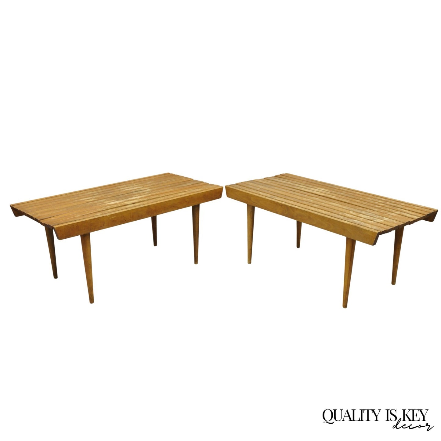 Vintage Mid Century Modern 36" Wood Slat Bench Coffee Table Side Table - a Pair