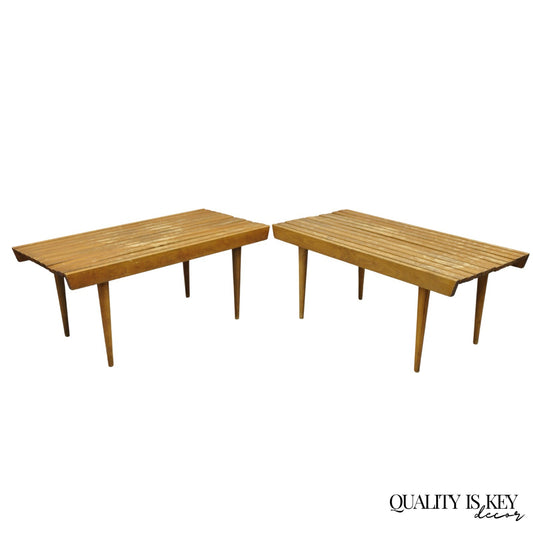 Vintage Mid Century Modern 36" Wood Slat Bench Coffee Table Side Table - a Pair