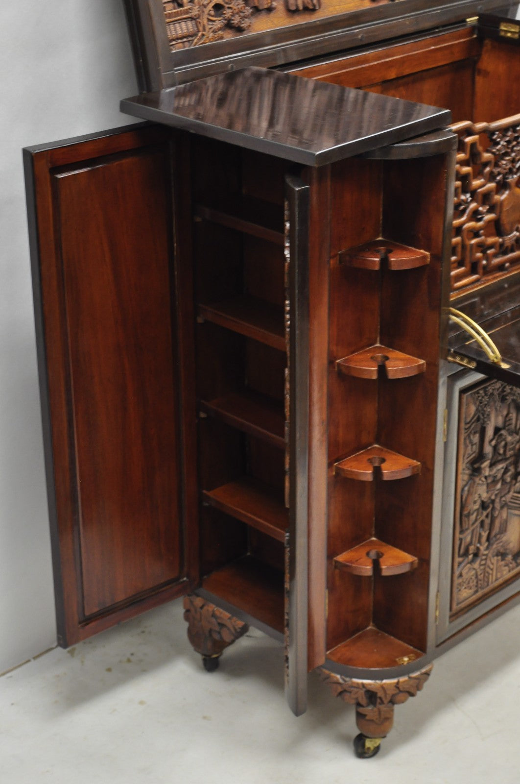 Vintage J L George Zee Chinese Figural Carved Teak Wood Flip Top Dry Bar Cabinet