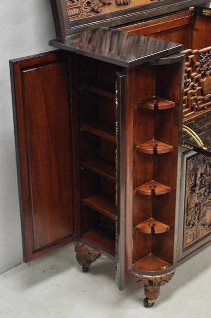 Vintage J L George Zee Chinese Figural Carved Teak Wood Flip Top Dry Bar Cabinet