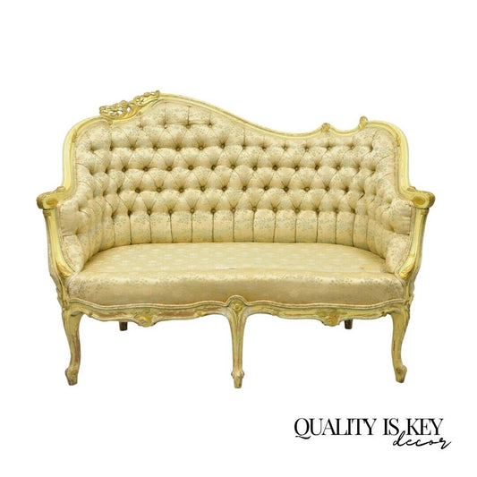 Vintage French Louis XV Rococo Style Yellow & Green Settee Loveseat Sofa