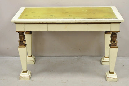 Antique Egyptian Revival Empire Style Leather Top Figural 3 Drawer Console Desk
