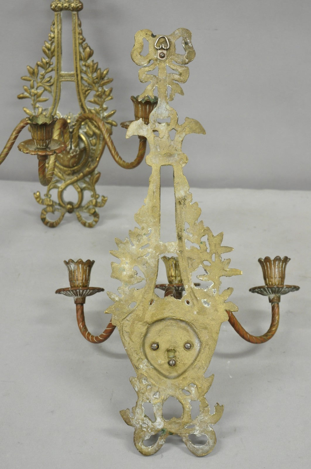 Antique French Louis XV Style Figural Bronze Candelabra Wall Sconces - a Pair