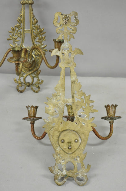 Antique French Louis XV Style Figural Bronze Candelabra Wall Sconces - a Pair