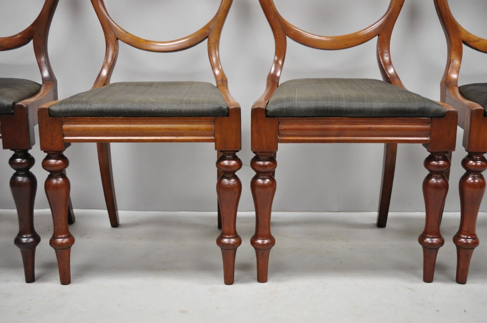 Antique English Victorian Balloon Back Mahogany Library Side Chairs - Set of 4
