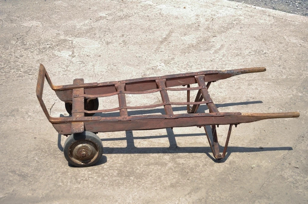 Antique Industrial Steampunk Distressed Iron & Wood Rolling Hand Truck Cart