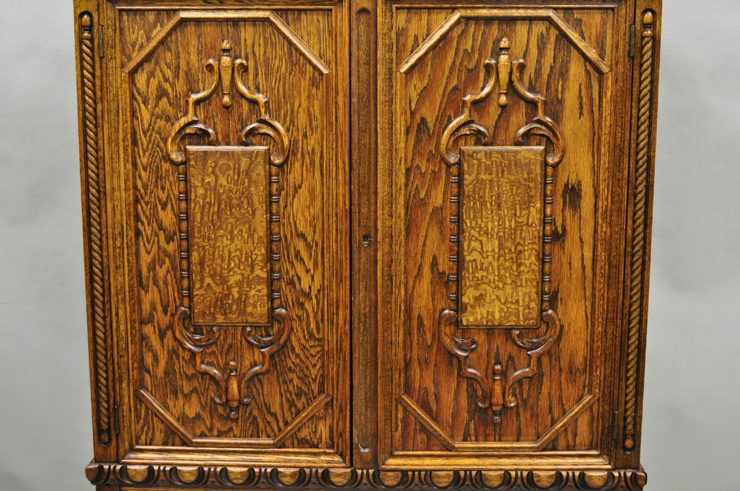 Antique Jacobean Renaissance Tudor Oak Blind China Cabinet Bookcase Cupboard