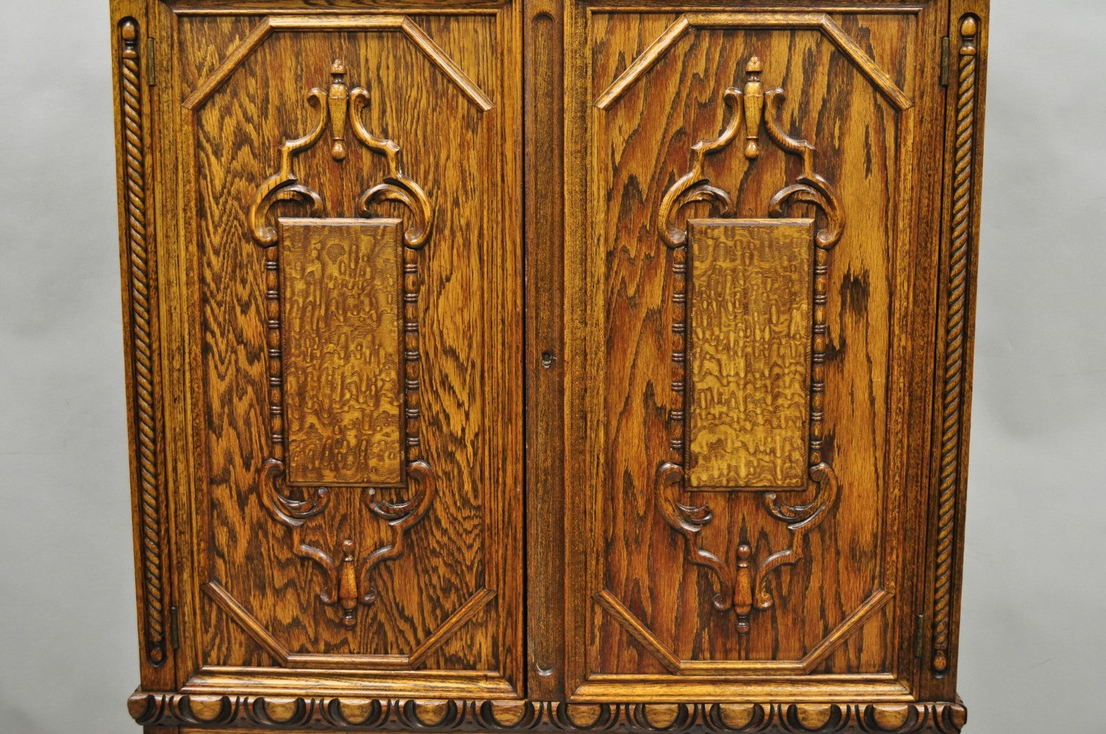 Antique Jacobean Renaissance Tudor Oak Blind China Cabinet Bookcase Cupboard