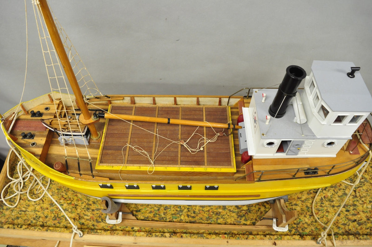 Large 48" Vintage Wooden Fishing Vessel Model Ship Yellow Hull South Korean Flag