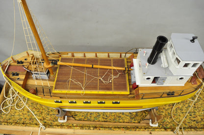 Large 48" Vintage Wooden Fishing Vessel Model Ship Yellow Hull South Korean Flag