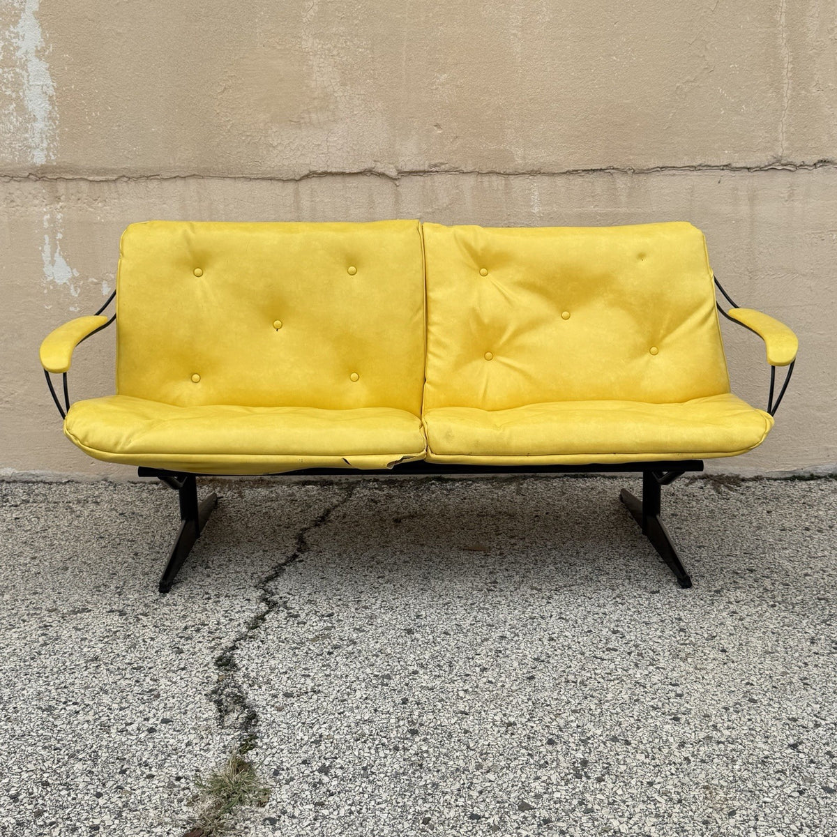 Vintage Homecrest Mid Century Modern Wire Metal Sofa w/ Yellow Vinyl Cushions