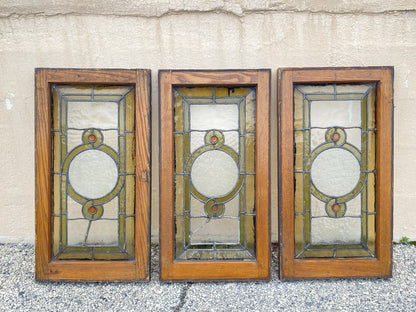 Antique Victorian Green Stained Glass Window Orange Jewel in Wood Frame Set of 3