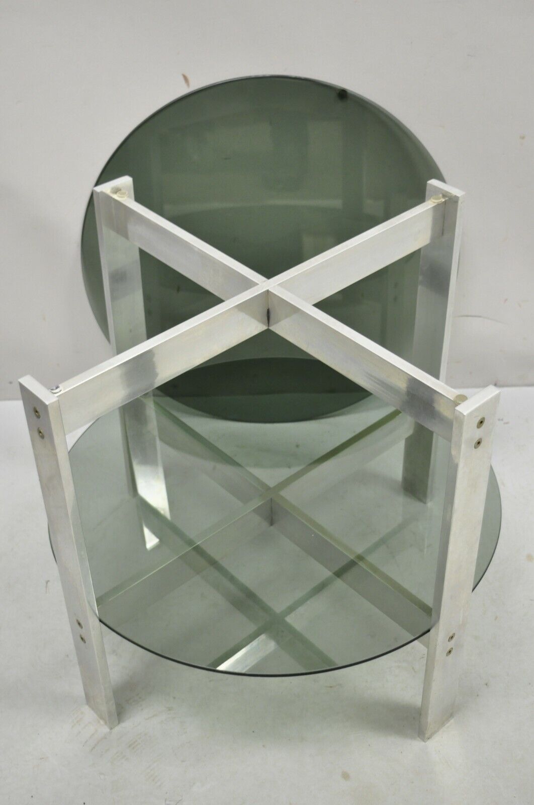 Vintage Mid Century Modern Round Smoked Glass 2 Tier Aluminum Base Side Table