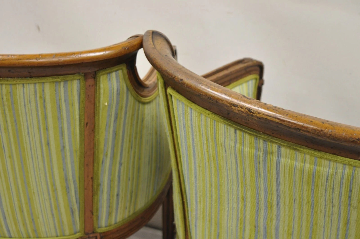 Antique Italian Regency Distress Carved Walnut Barrel Back Club Arm Chair, Pair