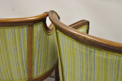 Antique Italian Regency Distress Carved Walnut Barrel Back Club Arm Chair, Pair