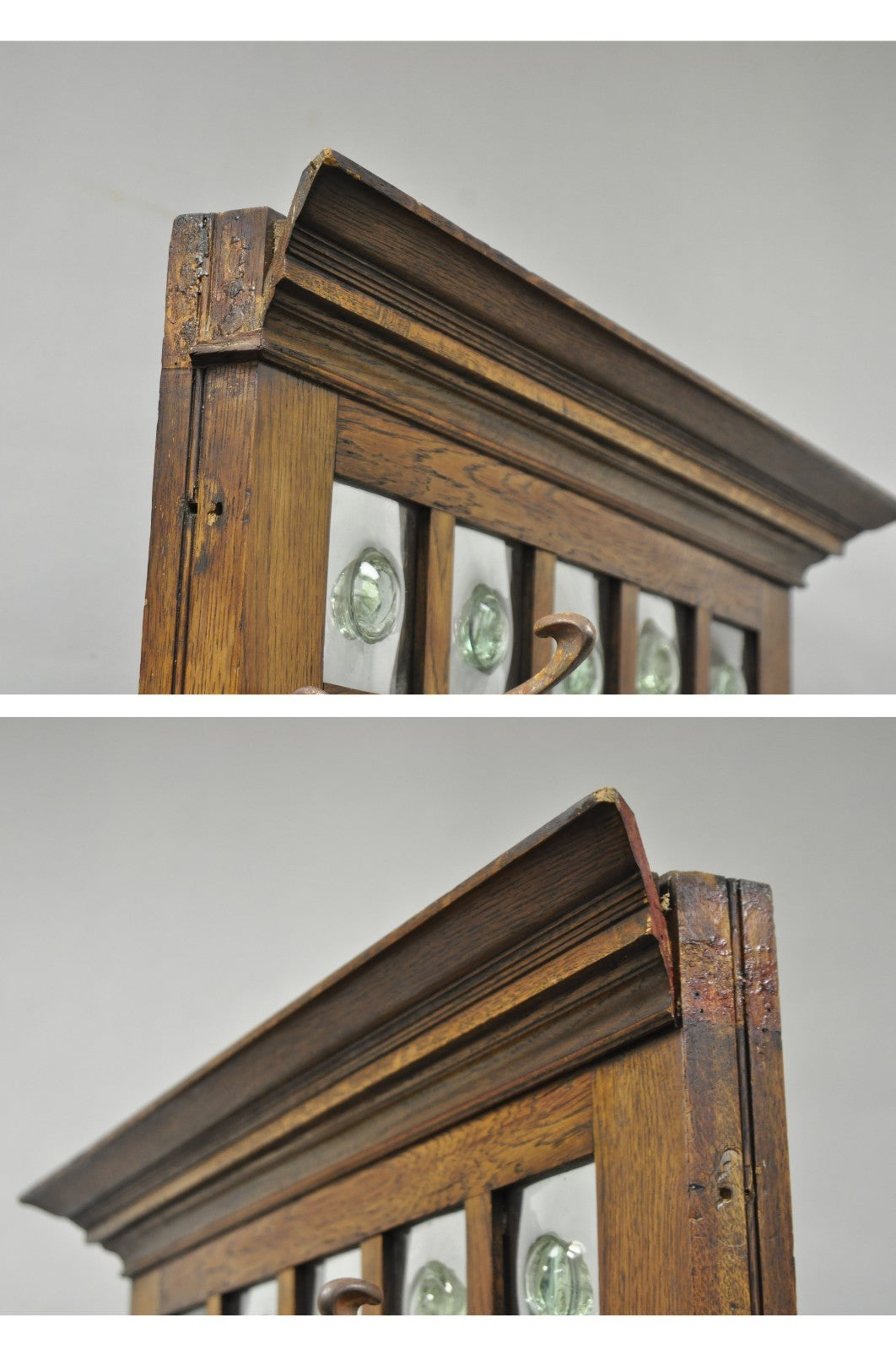 Antique English Art Nouveau Oak & Green Tile Coat Rack Umbrella Stand Hall Tree
