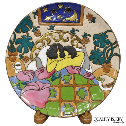 Vintage Judy Miller 10" Art Pottery Decorative Ceramic Plate "Lovers in Bed"