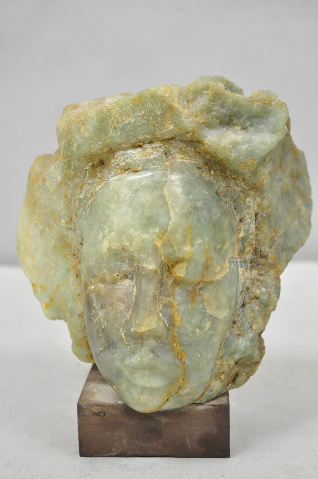 Vintage Chinese Carved Green Soapstone 8" Bust Head Small Figure Sculpture