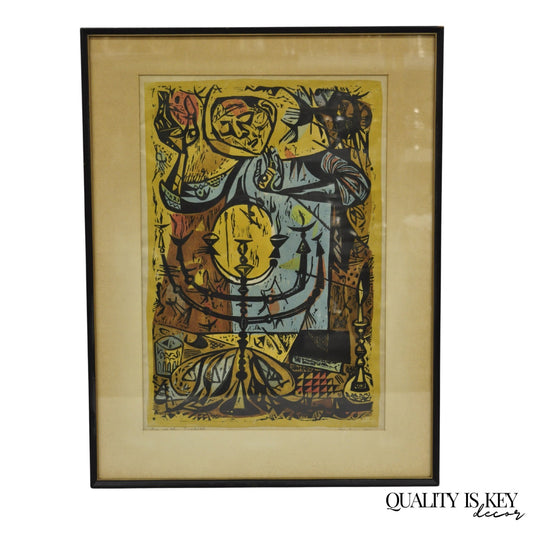 Vintage Irving Amen "Eve of the Sabbath" Woodblock Print Judaica Art, Signed