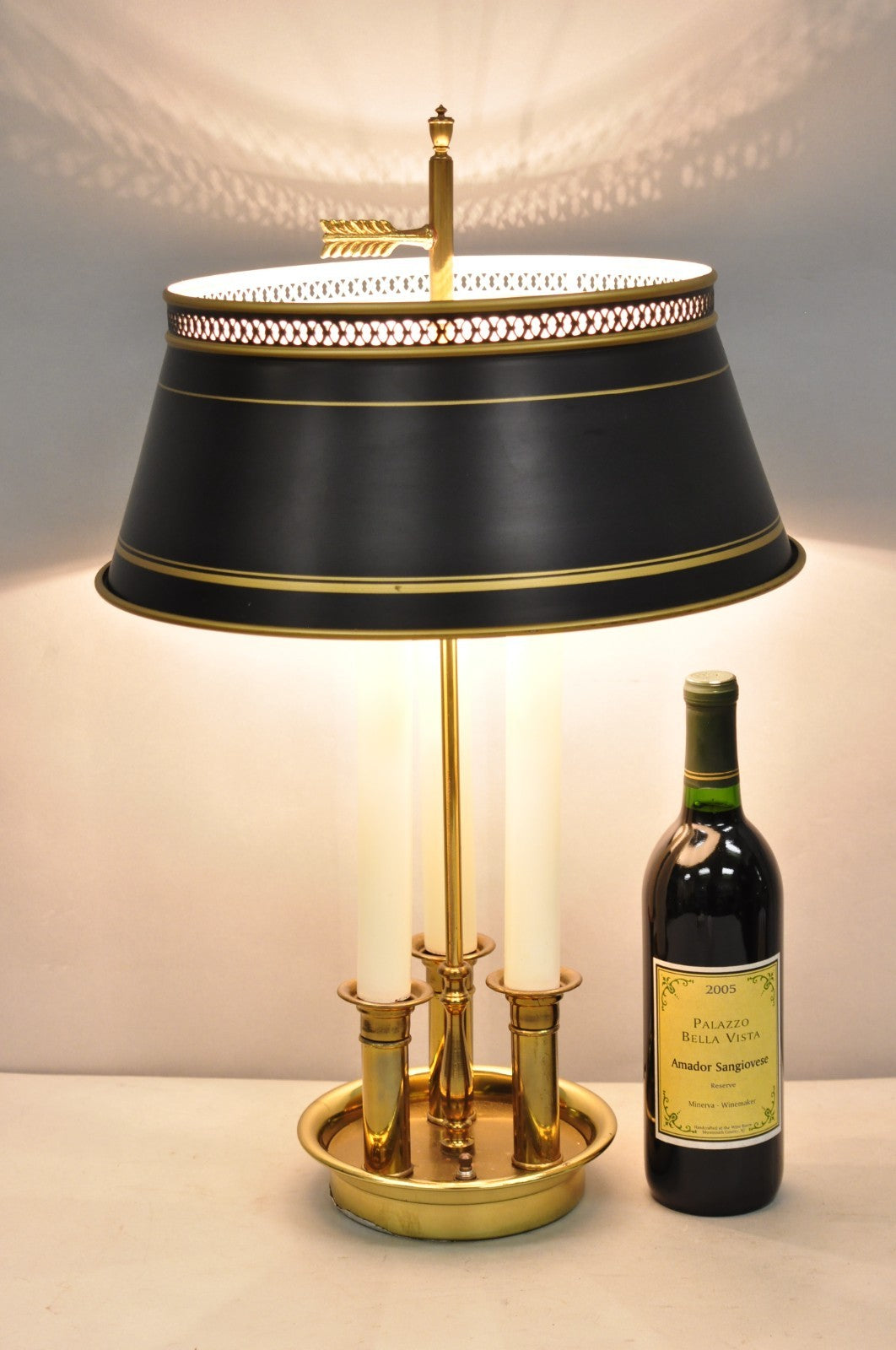 Vintage French Country Brass Tole Metal Shade Bouillotte Candlestick Table Lamp