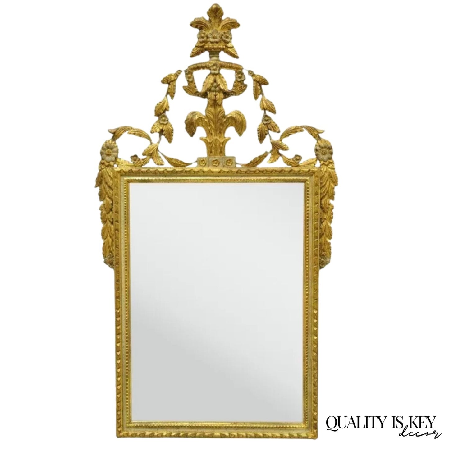 Vintage Adam Style Italian Carved Gold Giltwood Leafy Scroll Console Wall Mirror