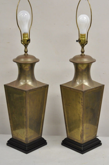 Chinoiserie Patinated Brass Square Jardiniere Table Lamp by Wildwood - a Pair