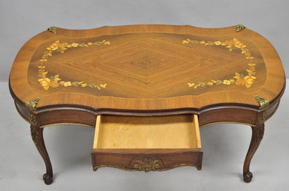 Antique French Louis XV Style Floral Inlay Walnut Coffee Table with Drawer