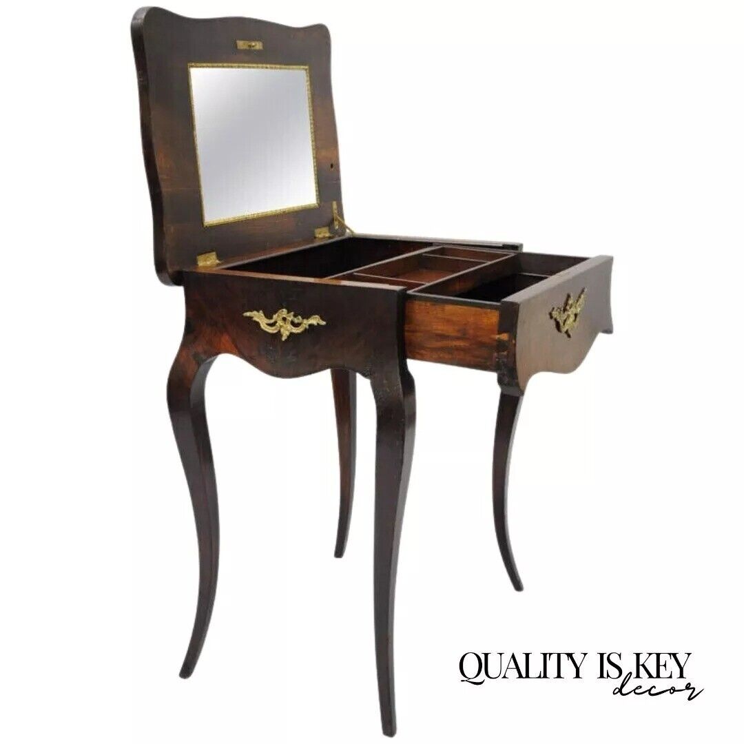 French Louis XV Napoleon III Rosewood Brass Inlay Vanity Nightstand Sewing Table