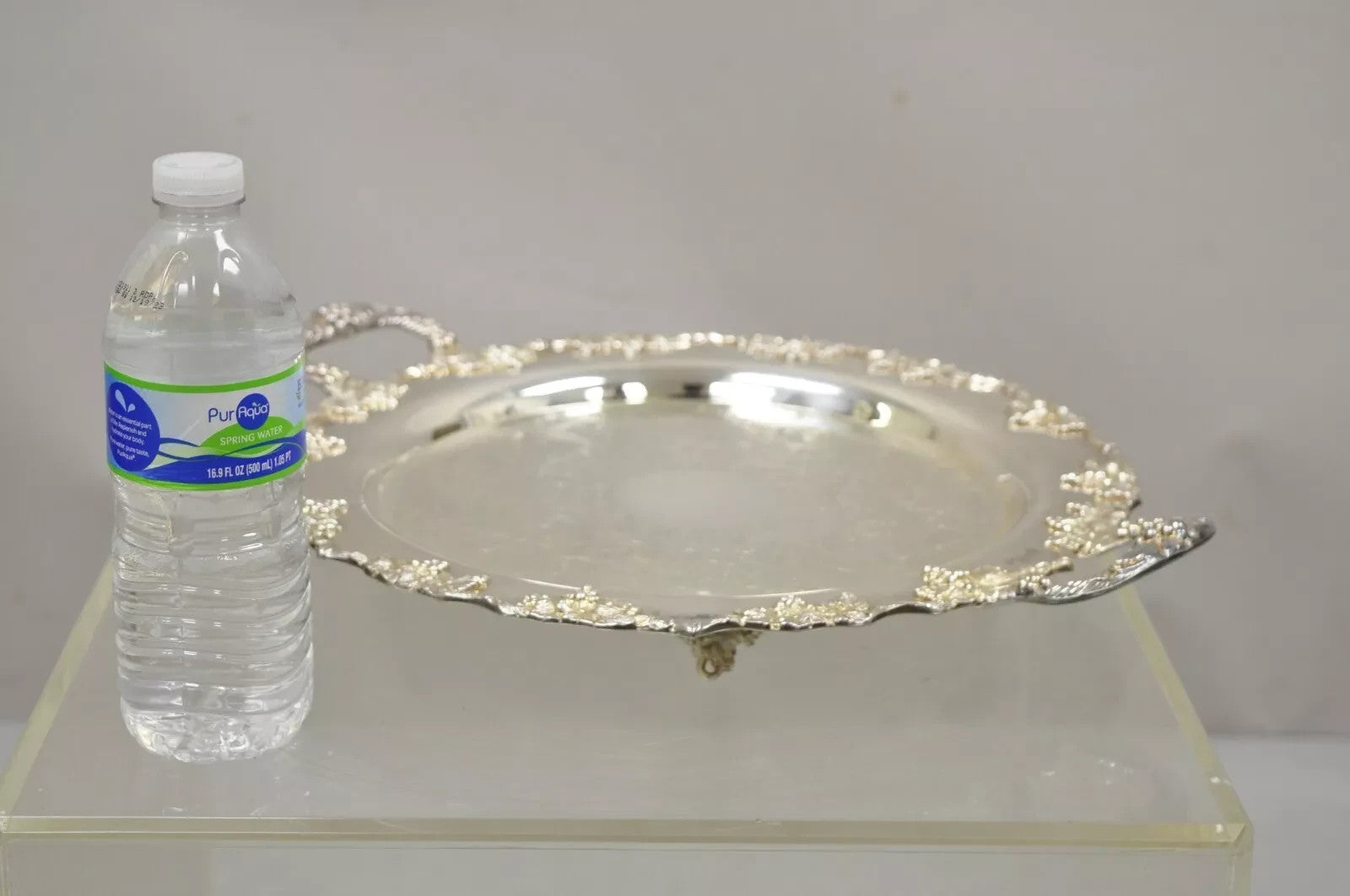 Vintage Crescent Silver Plated 17" Grapevine Pattern Round Bar Tray w/ Handles