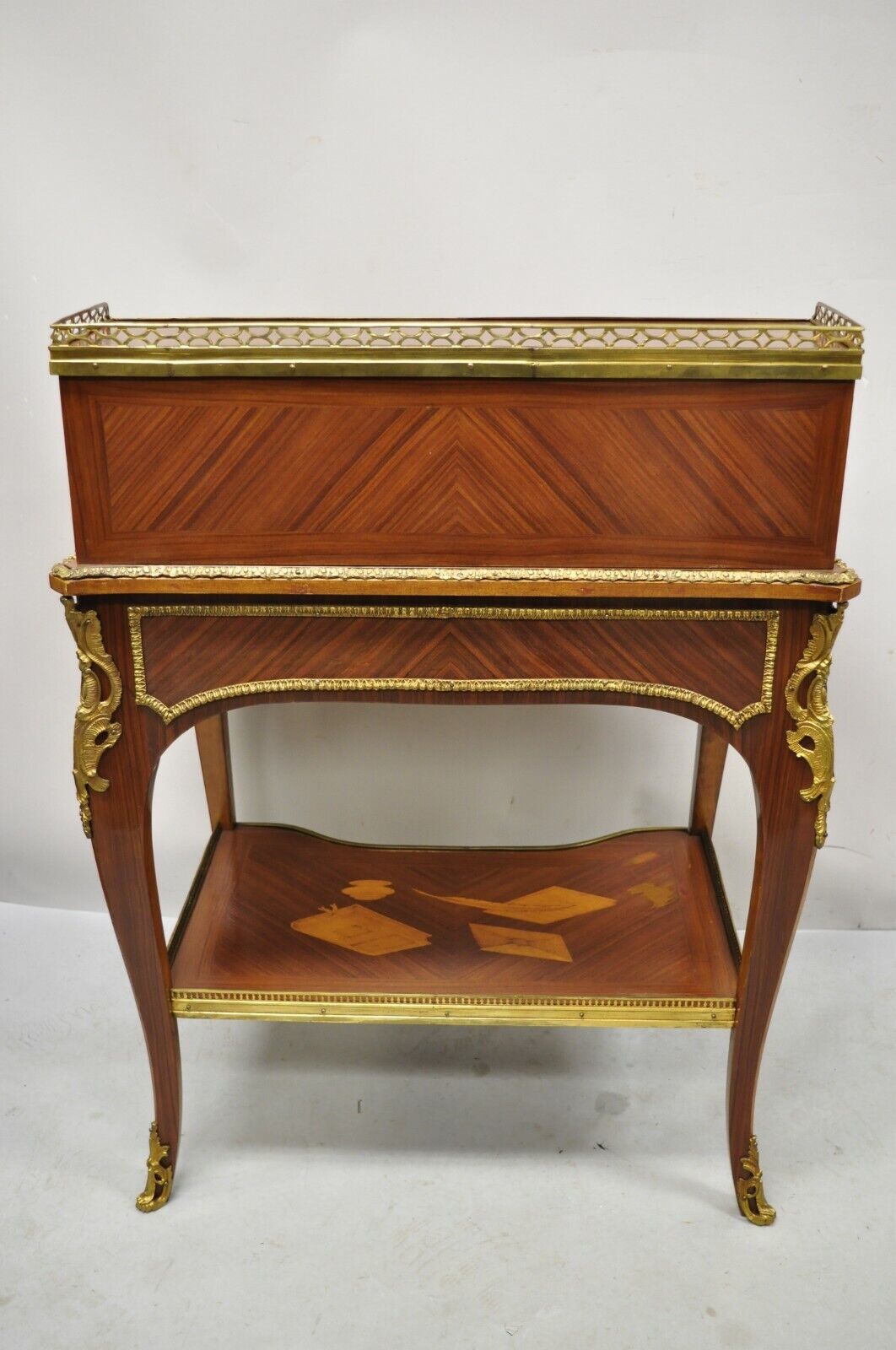 Vintage French Louis XV Style Marquetry Inlay Bronze Ormolu Small Writing Desk