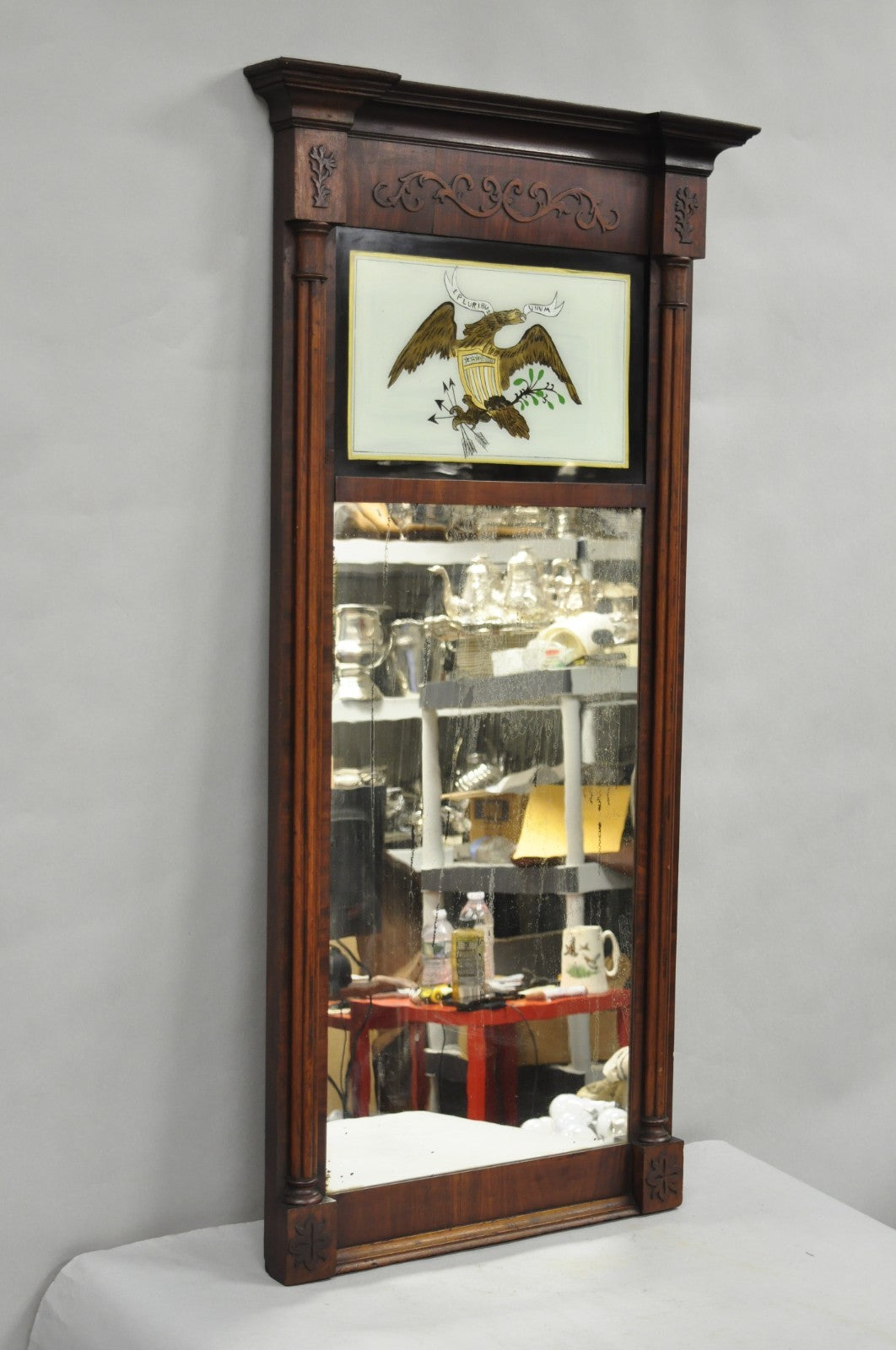 Antique American Federal Mahogany Reverse Painted Eagle Trumeau Wall Mirror
