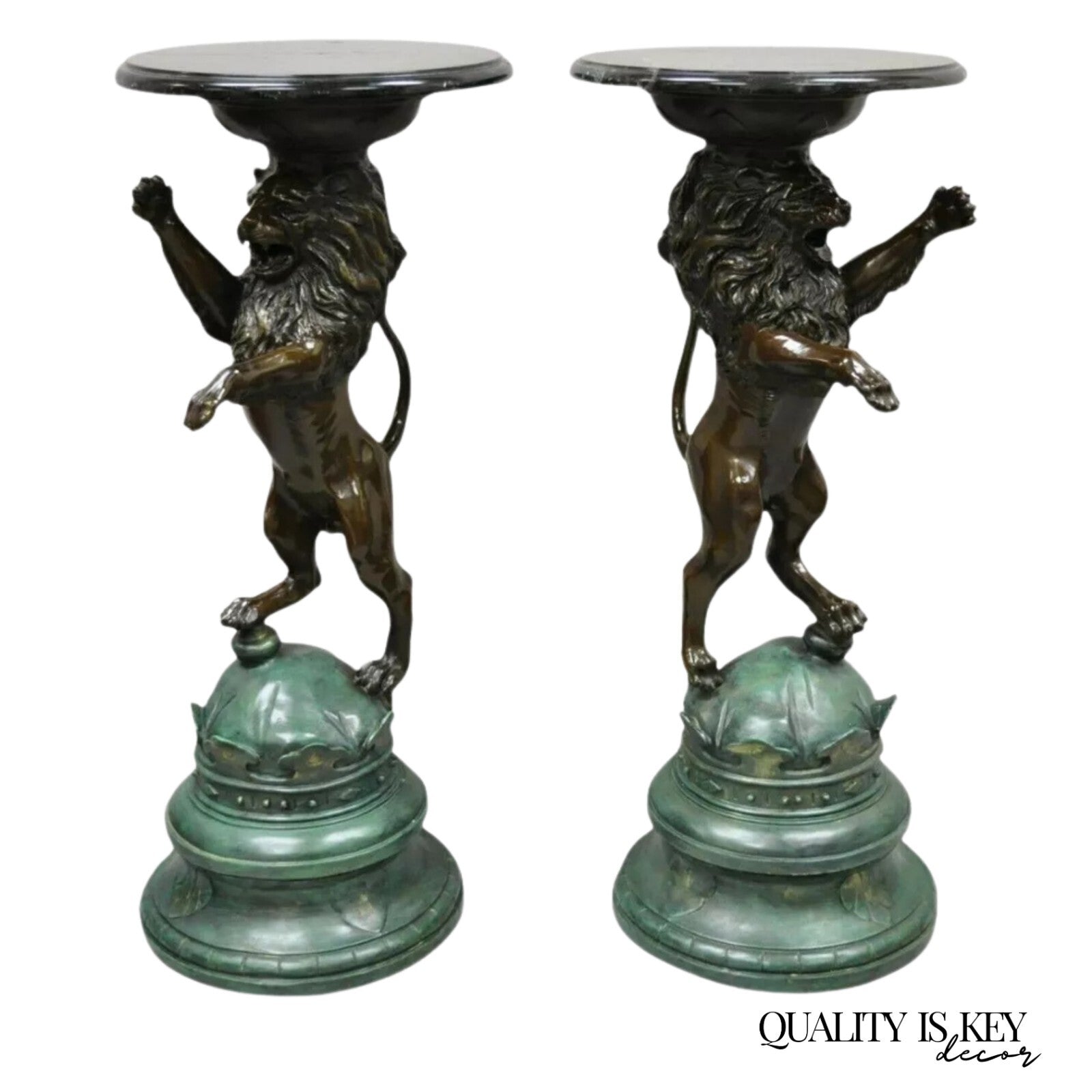 Regency Style Bronze Lion Figure Marble Top Pedestal Table after P.J Mene, Pair