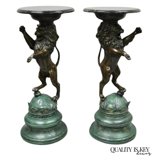 Regency Style Bronze Lion Figure Marble Top Pedestal Table after P.J Mene, Pair