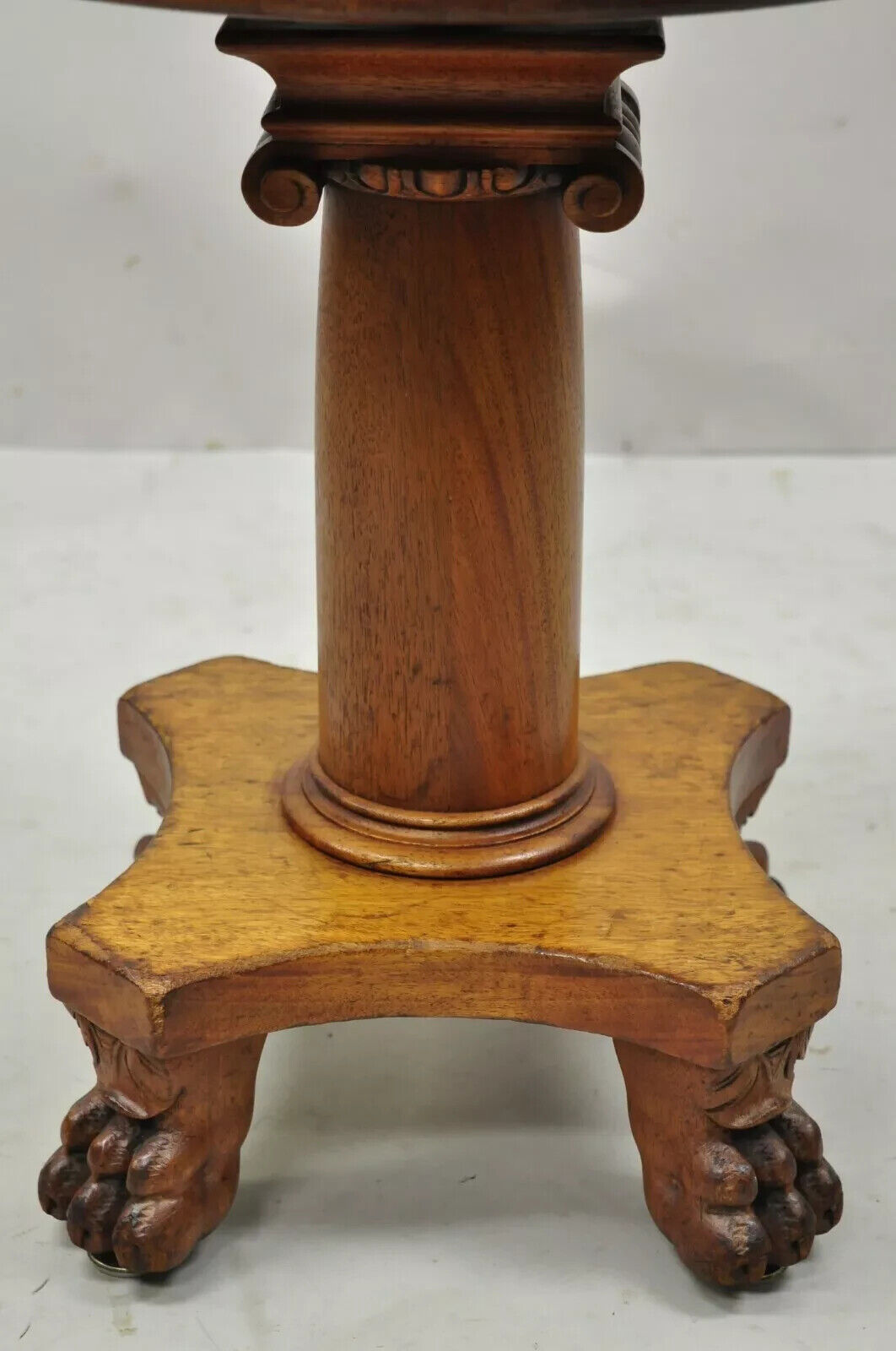 19th C. American Empire Mahogany Carved Column Paw Foot Swivel Leather Stool