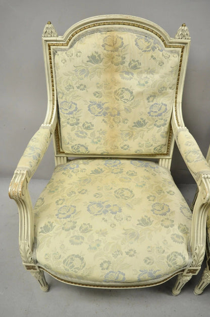 Vintage French Louis XVI Style Cream Painted Gold Gilt Lounge Arm Chairs - Pair