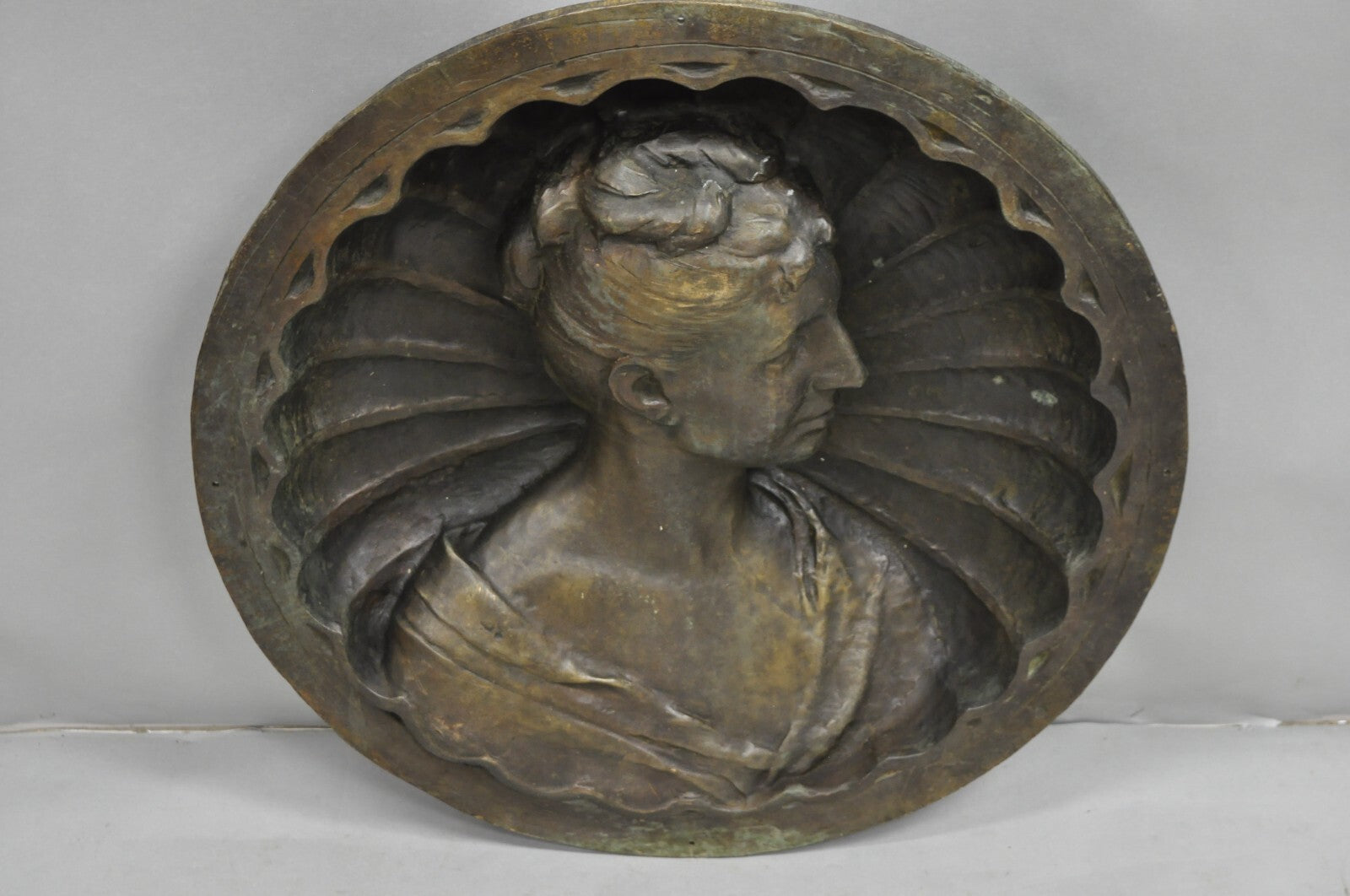 Antique Italian Woman Bust Large 25" Bronze Relief Repousse Monument Plaque