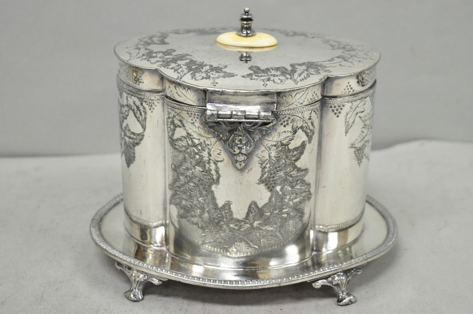 Antique Victorian Silver Plated Etched Footed Hinged Biscuit Barrel Jar on Stand