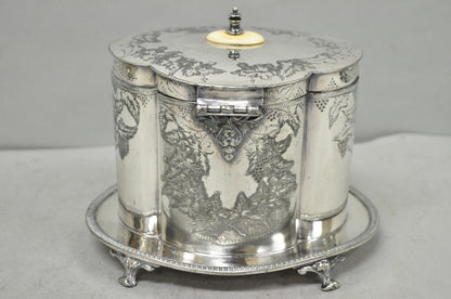 Antique Victorian Silver Plated Etched Footed Hinged Biscuit Barrel Jar on Stand