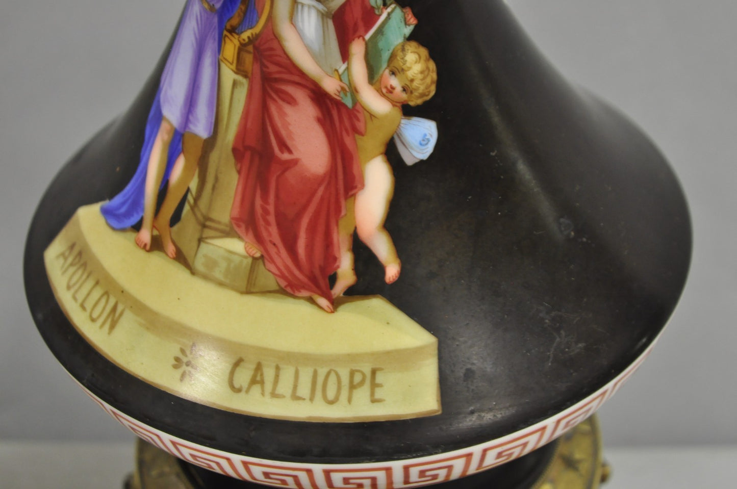 Antique French Neoclassical Bronze & Black Porcelain Painted Table Lamps - Pair