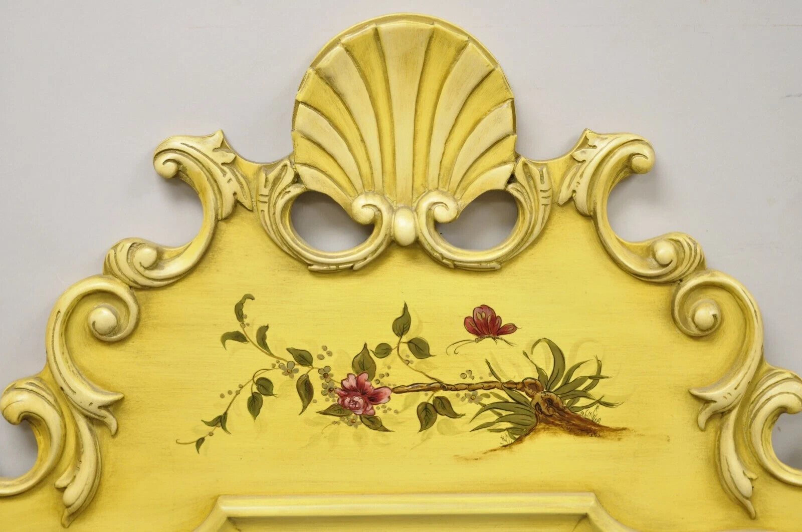 Vintage Union National Chinoiserie Yellow Shell Carved Wood Frame Wall Mirror