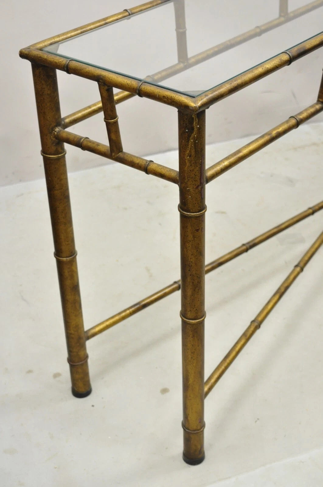 Vintage Italian Hollywood Regency Faux Bamboo Gold Gilt 72" Console Hall Table