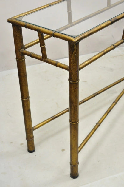 Vintage Italian Hollywood Regency Faux Bamboo Gold Gilt 72" Console Hall Table