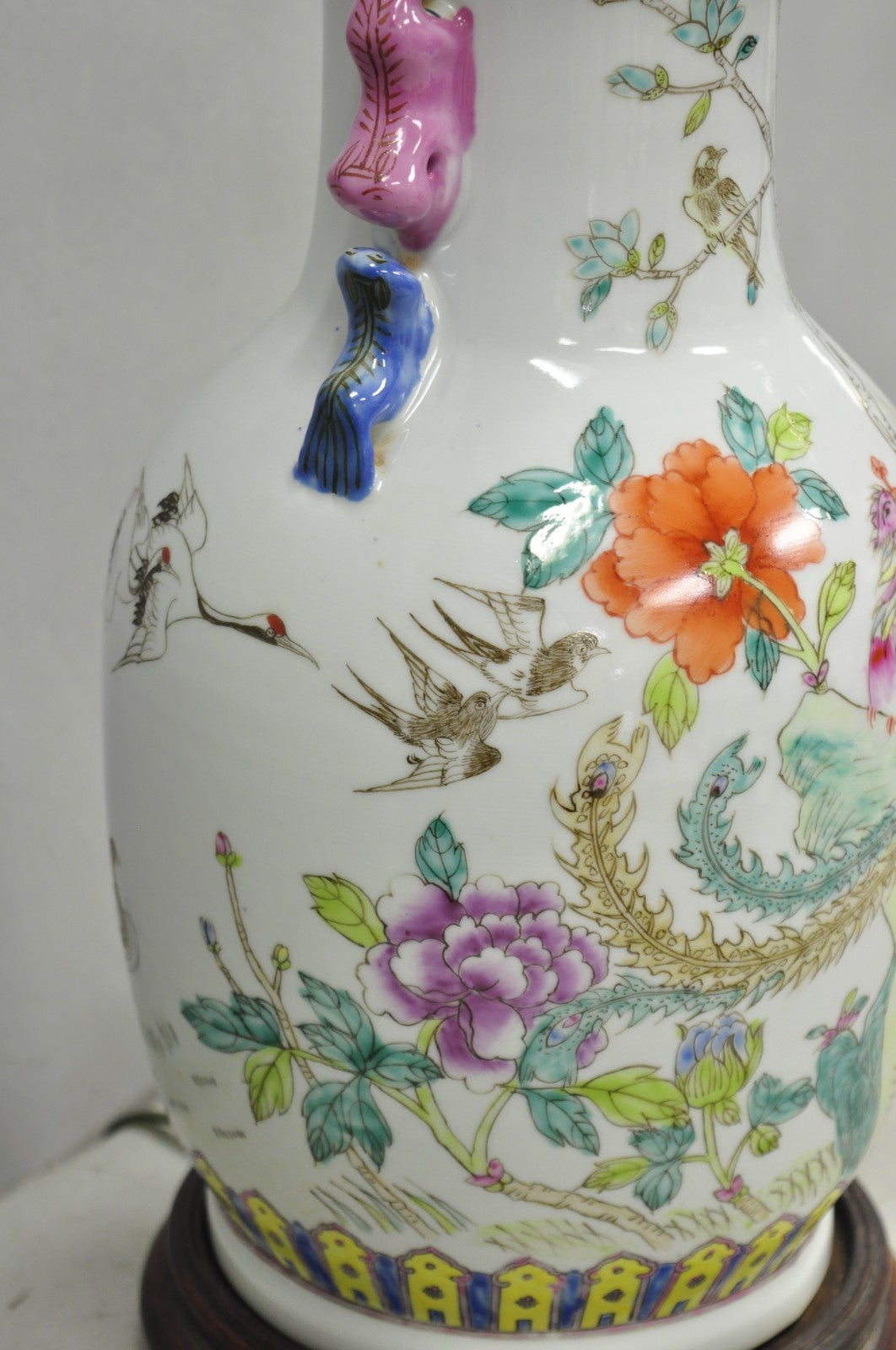 Vintage Oriental Porcelain Jardiniere Vase Bird and Flower Painted Table Lamp