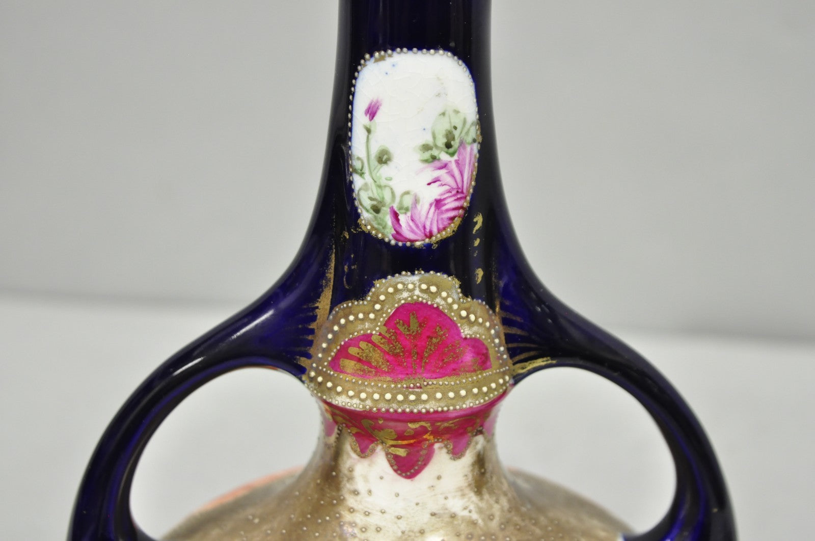 Antique Royal Nippon Hand Painted Nishiki Cobalt Blue Floral Vase With Stopper