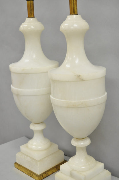 Italian Neoclassical Large Carved Solid Alabaster Marble Urn Table Lamps - Pair