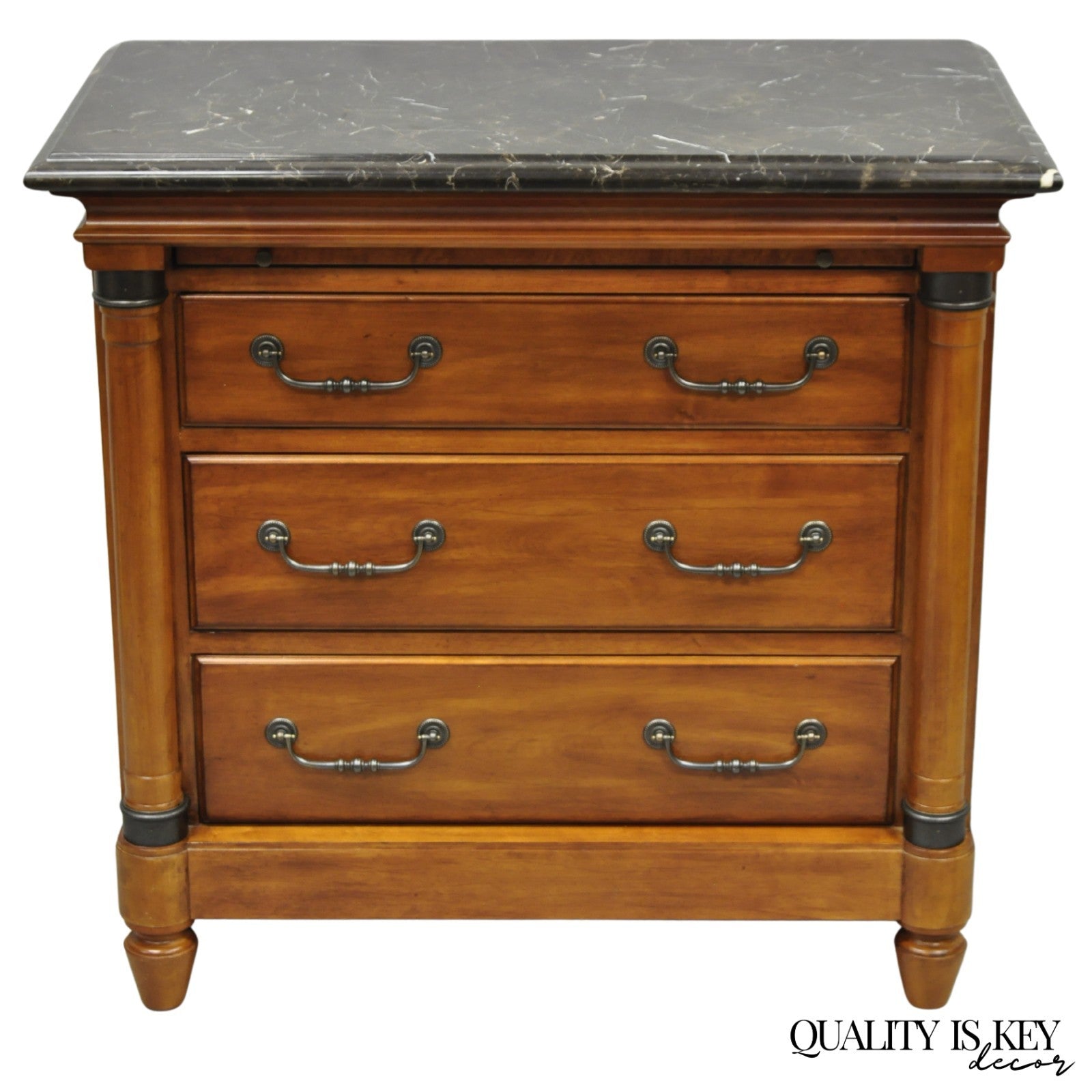 Kincaid French Country Cherry Wood 3 Drawer Marble Top Nightstand Bedside Table