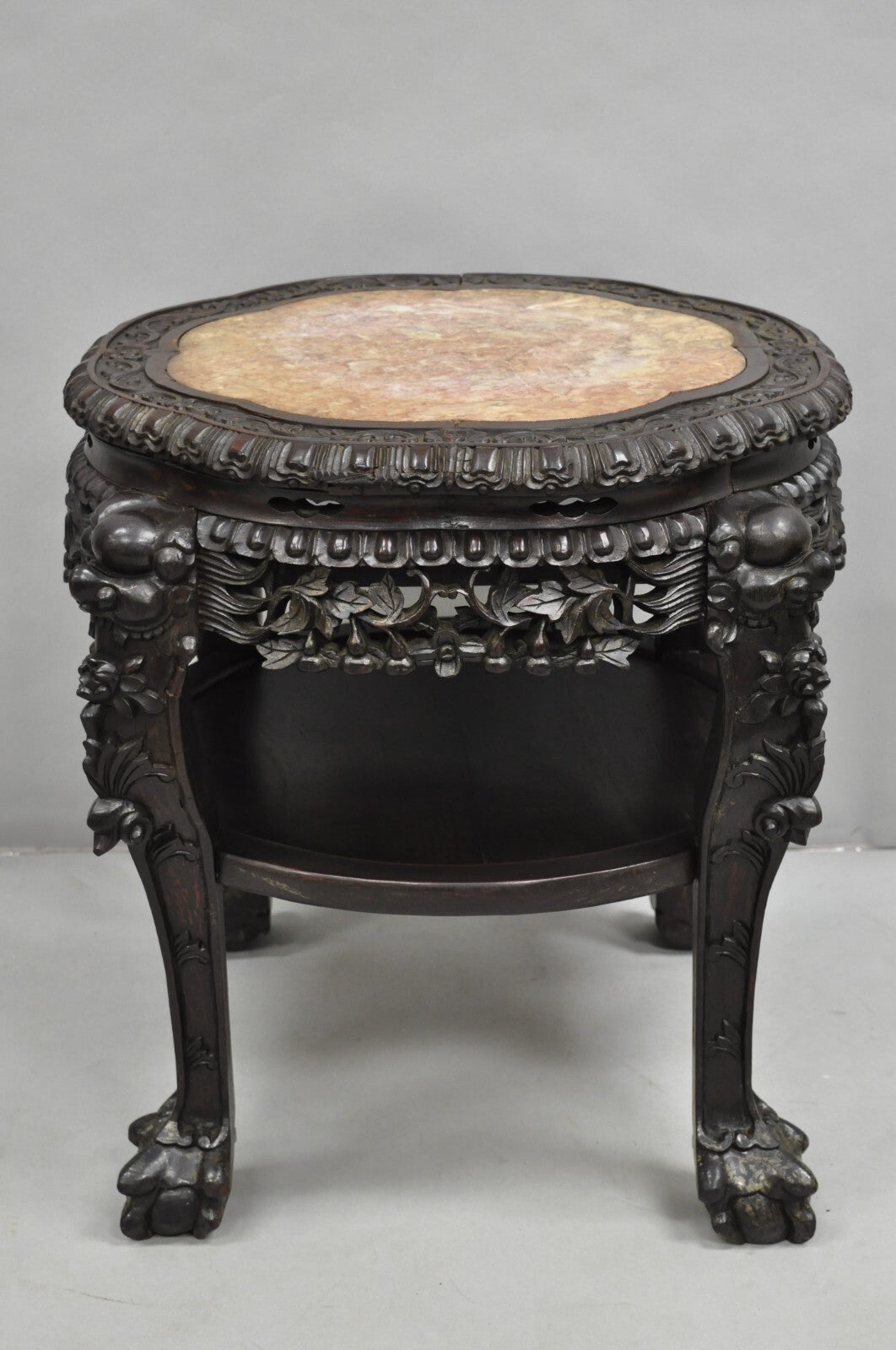Antique Chinese Carved Hardwood Marble Top Pedestal Plant Stand Low Side Table