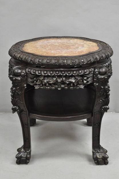 Antique Chinese Carved Hardwood Marble Top Pedestal Plant Stand Low Side Table